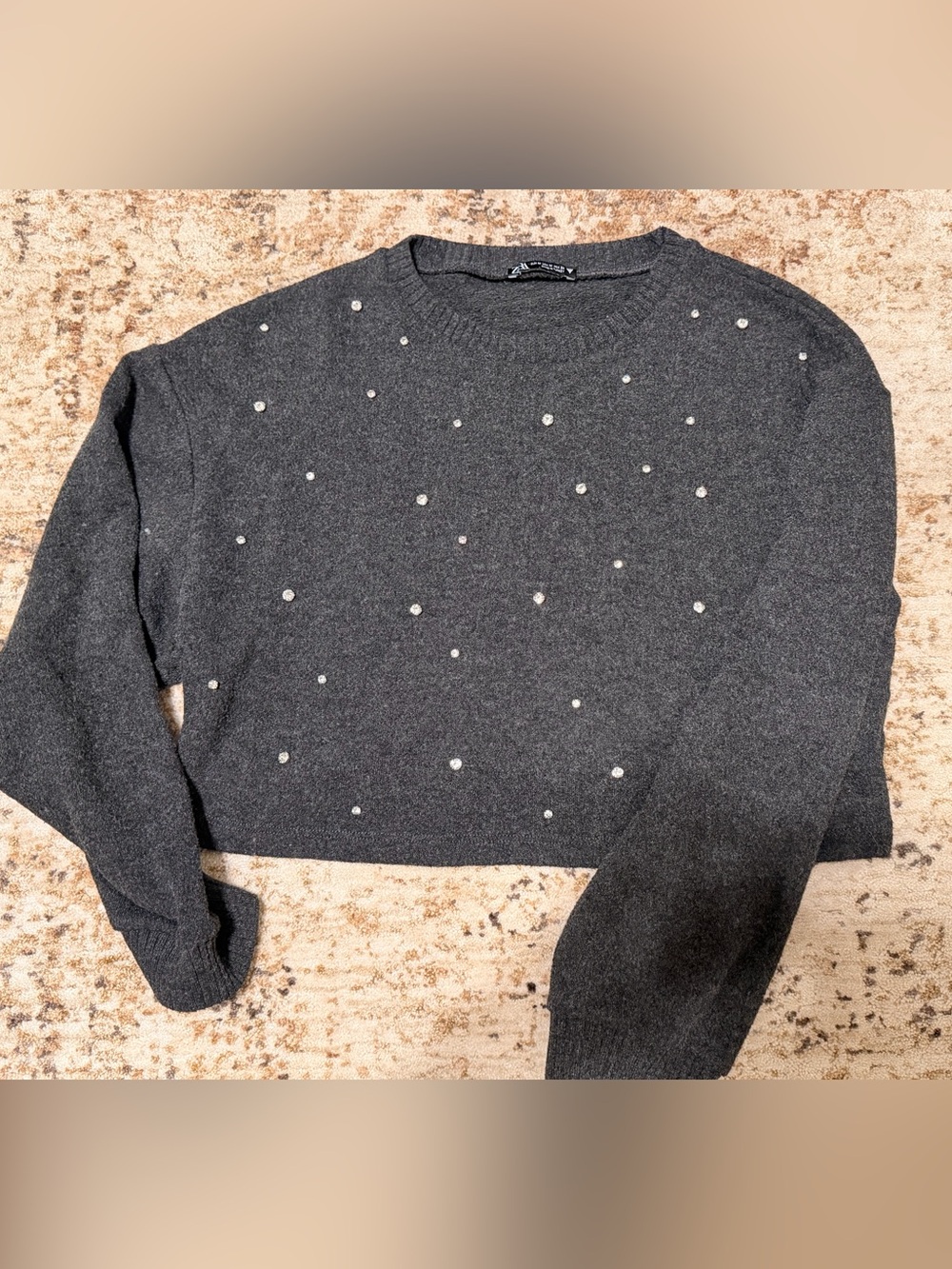 Dark Gray Pearl-Embellished Crewneck Sweater